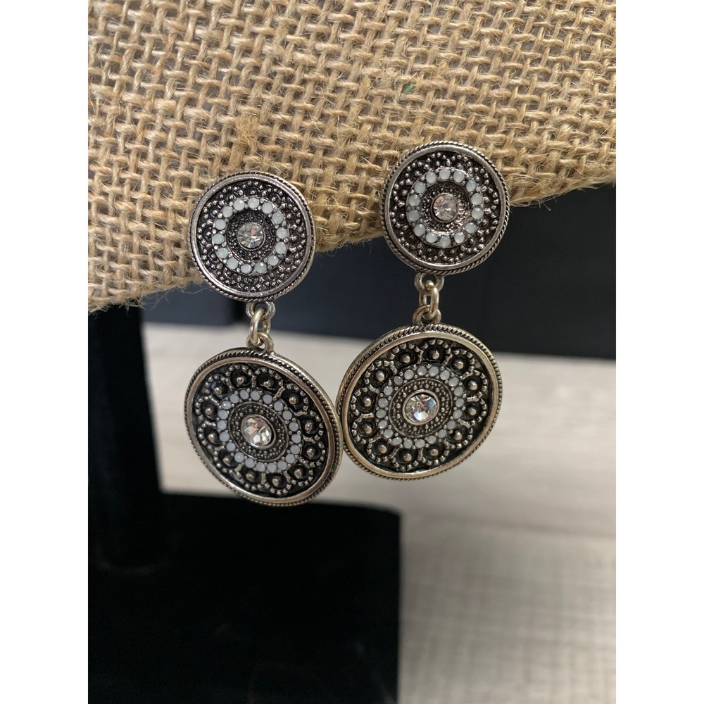 Bohemian Silver Tone Rhinestone Mandala Clip On Drop Earrings Statement Jewelry
